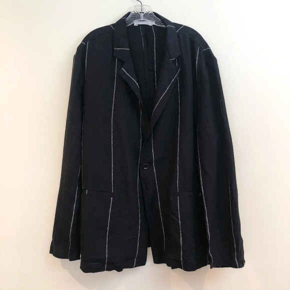 DEPT. ANONYM 100% Linen Black Striped Collared V Neck Classic Lightweight Blazer - Picture 2 of 11